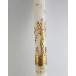 Kommunionkerze Taufkerze lang Mädchen Lebensbaum rosa gold Baum des Lebens Kreuz Regenbogen Name Datum individualisierbar 400/40 mm