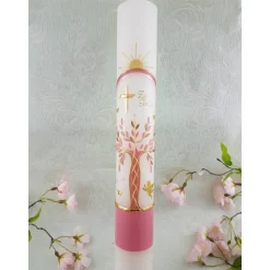 Kommunionkerze Taufkerze lang Mädchen Lebensbaum rosa gold Baum des Lebens Kreuz Regenbogen Name Datum individualisierbar 400/40 mm