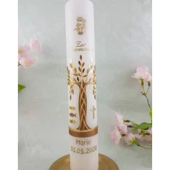 Kommunionkerze Taufkerze lang Mädchen Jungen Lebensbaum  gold Baum des Lebens Kreuz Fische Kelch Name Datum