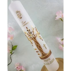 Kommunionkerze Taufkerze lang Mädchen Jungen Lebensbaum  gold Baum des Lebens Kreuz Fische Kelch Name Datum