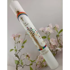 Kommunionkerze Taufkerze lang Mädchen Jungen Lebensbaum regenbogen  Baum des Lebens Kreuz Regenbogen Name Datum i