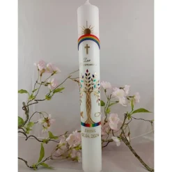 Kommunionkerze Taufkerze lang Mädchen Jungen Lebensbaum regenbogen  Baum des Lebens Kreuz Regenbogen Name Datum i