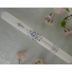 Kommunionkerze Taufkerze lang Mädchen Lebensbaum flieder grün silber Baum des Lebens Kreuz Name Datum individualisierbar