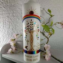 Kommunionkerze Taufkerze Mädchen Jungen Lebensbaum bunt gold Baum des Lebens  Name Datum Spruch individualisierbar