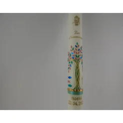Kommunionkerze Taufkerze lang Mädchen Lebensbaum grün gold Baum des Lebens Kreuz Regenbogen Name Datum individualisierba