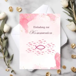 Kommunionseinladungen 10er-Set in Rosa, rosa Kommunionseinladungskarten, maritime Kommunionseinladung