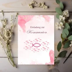 Kommunionseinladungen 10er-Set in Rosa, rosa Kommunionseinladungskarten, maritime Kommunionseinladung