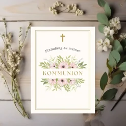 Kommunionseinladungskarten-Set 10er-Pack, florale Kommunionseinladung, blumige Einladung zur Kommunion