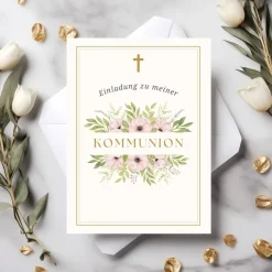 Kommunionseinladungskarten-Set 10er-Pack, florale Kommunionseinladung, blumige Einladung zur Kommunion