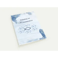 Kommunionseinladungskarten 10er-Set in Blau, Kommunionseinladungen mit Fischsymbol, maritime Kommunionseinladung