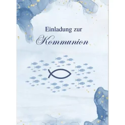 Kommunionseinladungskarten 10er-Set in Blau, Kommunionseinladungen mit Fischsymbol, maritime Kommunionseinladung