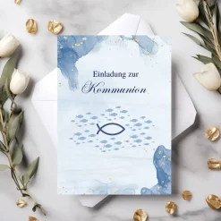 Kommunionseinladungskarten 10er-Set in Blau, Kommunionseinladungen mit Fischsymbol, maritime Kommunionseinladung