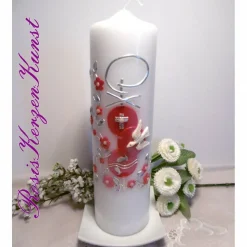 Kommunionskerze " Petrus-Kreuz " mit christlichen Symbolen und Blütenranke