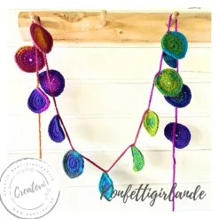 Konfetti Häkelgirlande bunt 180 cm – gehäkelte Wimpelkette Geburtstag Deko Farbverlauf handgemacht