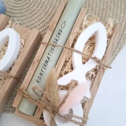 Konfirmation Konfirmationsgeschenk mit einem Fisch (Var 1) Kerzenhalter rund Geschenkset für Jungen und Mädchen Konfirma