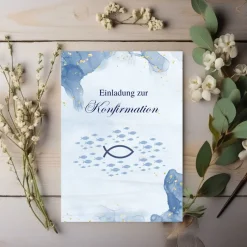 Konfirmationseinladungskarte 10er-Set in Blau, Konfirmationseinladungen mit Fischsymbol, maritime Konfirmationseinladung