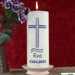 Konfirmationskerze aus Bienenwachs mit Kreuz und Wellen – Blau-Silber, handgefertigt