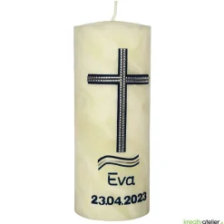 Konfirmationskerze aus Bienenwachs mit Kreuz und Wellen – Blau-Silber, handgefertigt