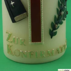 Konfirmationskerze in Elfenbein mit braunem Kreuz & Bibel – Optional mit Konfirmationsspruch
