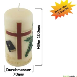 Konfirmationskerze in Elfenbein mit braunem Kreuz & Bibel – Optional mit Konfirmationsspruch