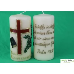 Konfirmationskerze in Elfenbein mit braunem Kreuz & Bibel – Optional mit Konfirmationsspruch