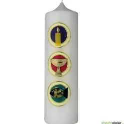 Konfirmationskerze Markus – Weiße Kerze mit drei Kacheln und christlichen Symbolen Licht, Kelch und Fisch