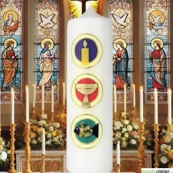 Konfirmationskerze Markus – Weiße Kerze mit drei Kacheln und christlichen Symbolen Licht, Kelch und Fisch