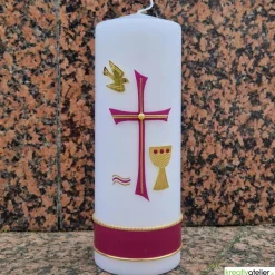 Konfirmationskerze mit byzantinischem Kreuz, Taube, Wellen & Kelch – Weiß, personalisierbar