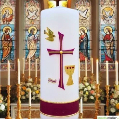 Konfirmationskerze mit byzantinischem Kreuz, Taube, Wellen & Kelch – Weiß, personalisierbar