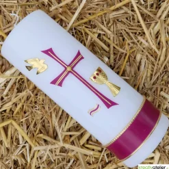 Konfirmationskerze mit byzantinischem Kreuz, Taube, Wellen & Kelch – Weiß, personalisierbar