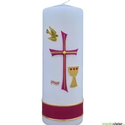Konfirmationskerze mit byzantinischem Kreuz, Taube, Wellen & Kelch – Weiß, personalisierbar