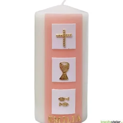 Konfirmationskerze mit drei weißen Kacheln & christlichen Symbolen – Elfenbein, personalisierbar