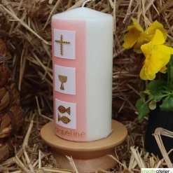 Konfirmationskerze mit drei weißen Kacheln & christlichen Symbolen – Elfenbein, personalisierbar