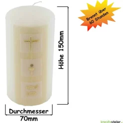 Konfirmationskerze mit drei weißen Kacheln & christlichen Symbolen – Elfenbein, personalisierbar