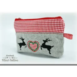 Kosmetiktasche,  Krims-Krams-Täschchen Oktoberfest - Hirsch & Herz, Trachten, grau-rote Tasche, Kosmetikbeutel