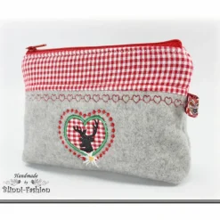 Kosmetiktasche,  Krims-Krams-Täschchen Oktoberfest - Hirsch & Herz, Trachten, grau-rote Tasche, Kosmetikbeutel