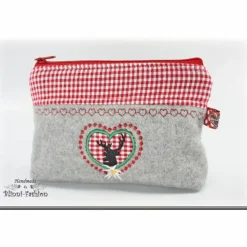 Kosmetiktasche,  Krims-Krams-Täschchen Oktoberfest - Hirsch & Herz, Trachten, grau-rote Tasche, Kosmetikbeutel