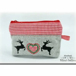 Kosmetiktasche,  Krims-Krams-Täschchen Oktoberfest - Hirsch & Herz, Trachten, grau-rote Tasche, Kosmetikbeutel