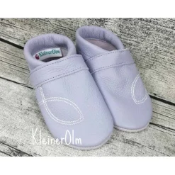 Krabbelpuschen aus Leder mit Ichtys Fisch zur Taufe und Namen ab Gr. 18/19 - Lederpuschen