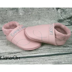 Krabbelpuschen aus Leder mit Ichtys Fisch zur Taufe und Namen ab Gr. 18/19 - Lederpuschen