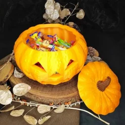 Kürbis Halloweendekoration Bonbonschale aus Kunststoff mit Deckel – Perfekte Halloween Süßigkeitenschale