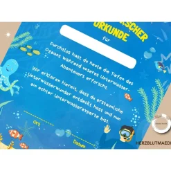 Kreative Urkunden Kindergeburtstag mit Meerestieren | Personalisierte Meeresforscher Urkunde für Kindergeburtstag |