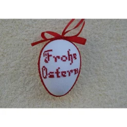 Kreuzstich Osterei Handarbeit gestickt  Oster Motiv   9cm, rot weiß,