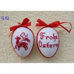 Kreuzstich Osterei Handarbeit gestickt  religiöses Motiv   9cm, rot weiß,