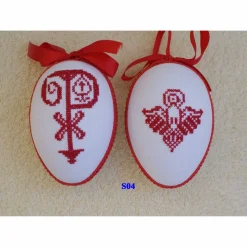 Kreuzstich Osterei Handarbeit gestickt  religiöses Motiv   12cm, rot weiß,