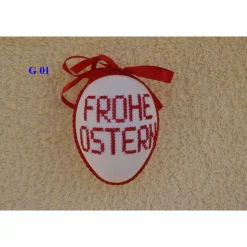 Kreuzstich Osterei Handarbeit gestickt  Oster Motiv   9cm, rot weiß,
