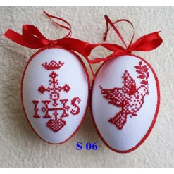 Kreuzstich Osterei Handarbeit gestickt  religiöses Motiv   12cm, rot weiß,