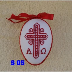 Kreuzstich Osterei Handarbeit gestickt  religiöses Motiv   12cm, rot weiß,