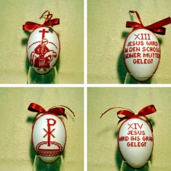 Kreuzwegstationen, Kreuzstich Ostereier, Handarbeit gestickt  religiöse Motive  12cm, rot weiß, Osterdeko