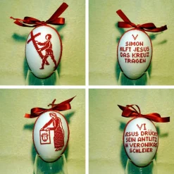 Kreuzwegstationen, Kreuzstich Ostereier, Handarbeit gestickt  religiöse Motive  12cm, rot weiß, Osterdeko